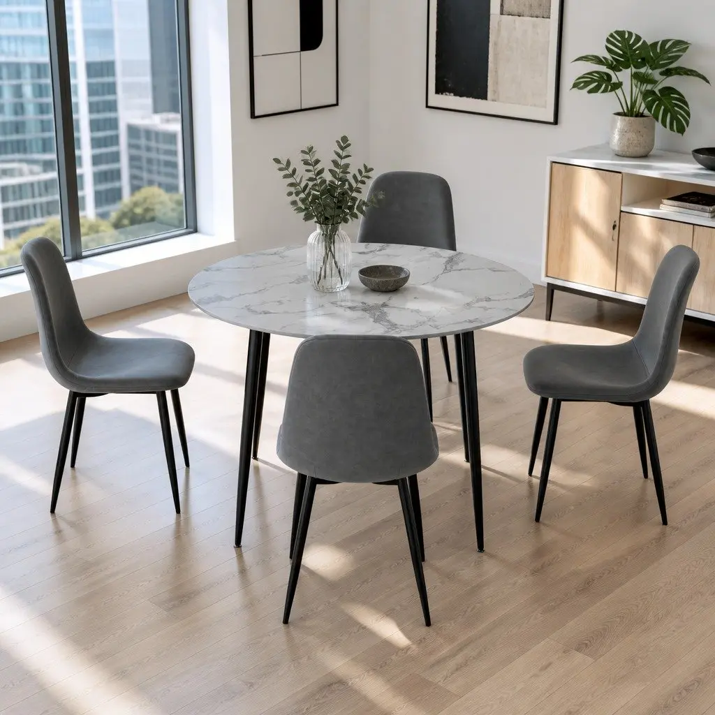 Dining Set Round Table Marble Grey Industrial Style 4 Chairs Velvet Upholstered