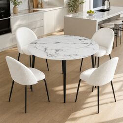 Round Dining Table with 4 Chairs in White Marble Finish