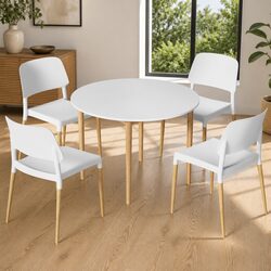 White Round Dining Table and 4 Chairs with Easy Assembly