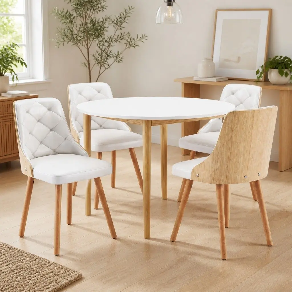 Dining Set Round Table with PU Leather Chairs 5 Piece 4 Seater White