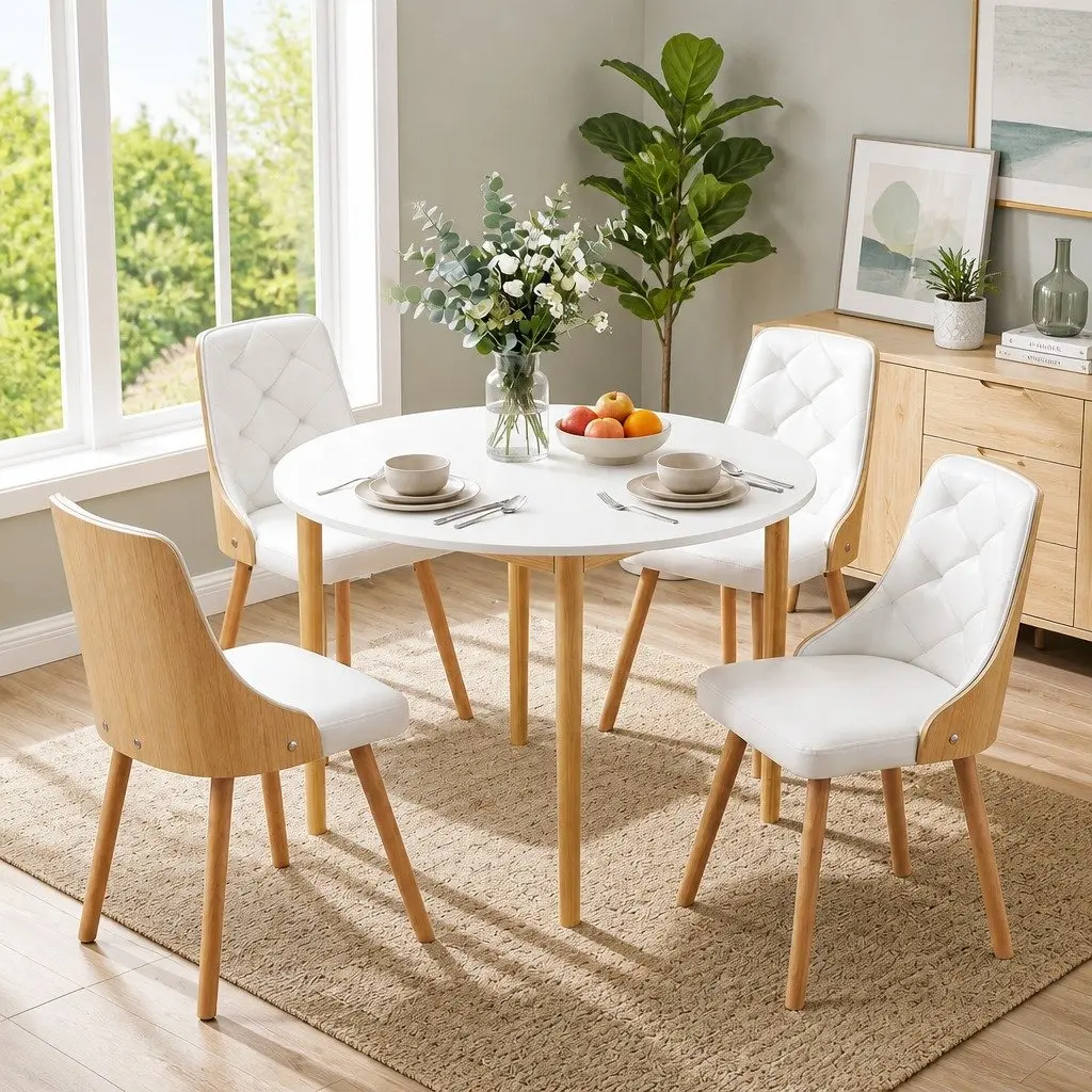 Dining Set Round Table with PU Leather Chairs 5 Piece 4 Seater White