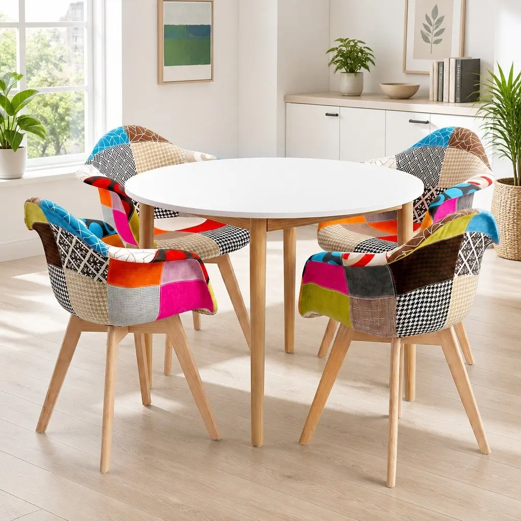 Dining Set Round White MDF Top Pine Legs 4 Mid Century Chairs Linen