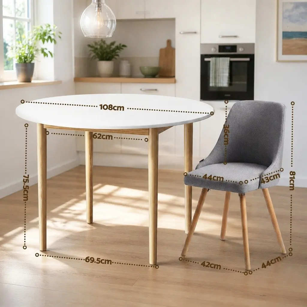 Round Dining Set Compact 5 Piece 108cm White Grey Wood