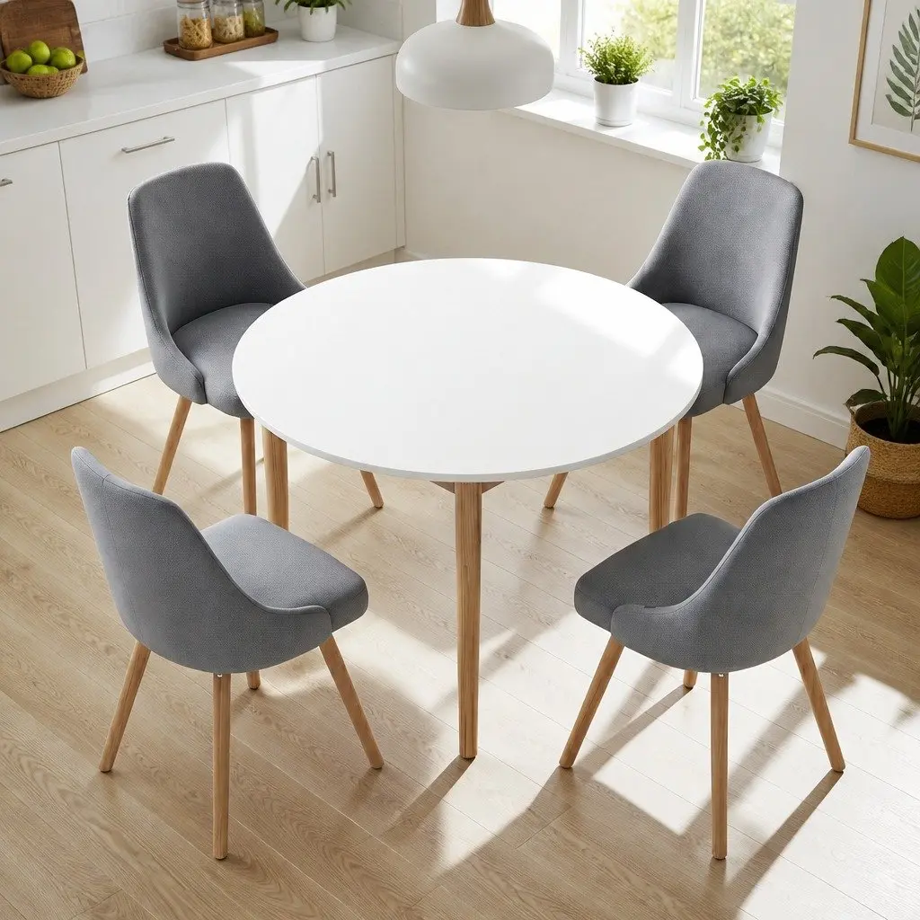 Round Dining Set Compact 5 Piece 108cm White Grey Wood