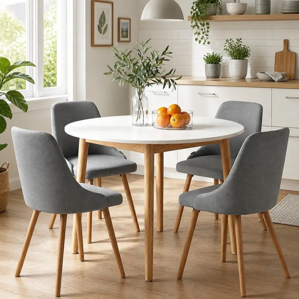Round Dining Set Compact 5 Piece 108cm White Grey Wood