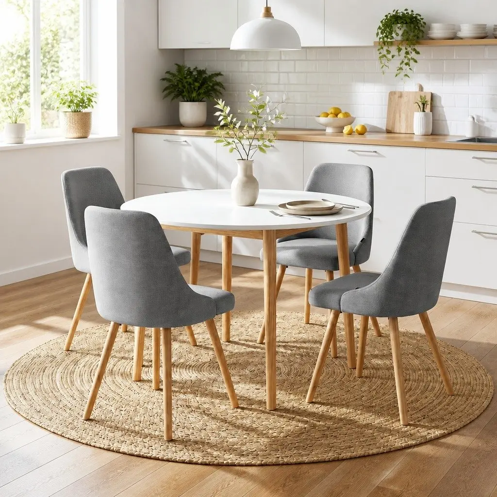 Round Dining Set Compact 5 Piece 108cm White Grey Wood