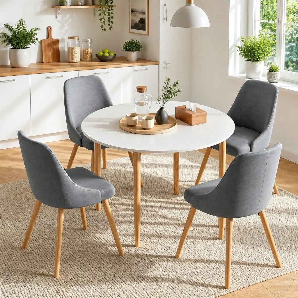Round Dining Set Compact 5 Piece 108cm White Grey Wood
