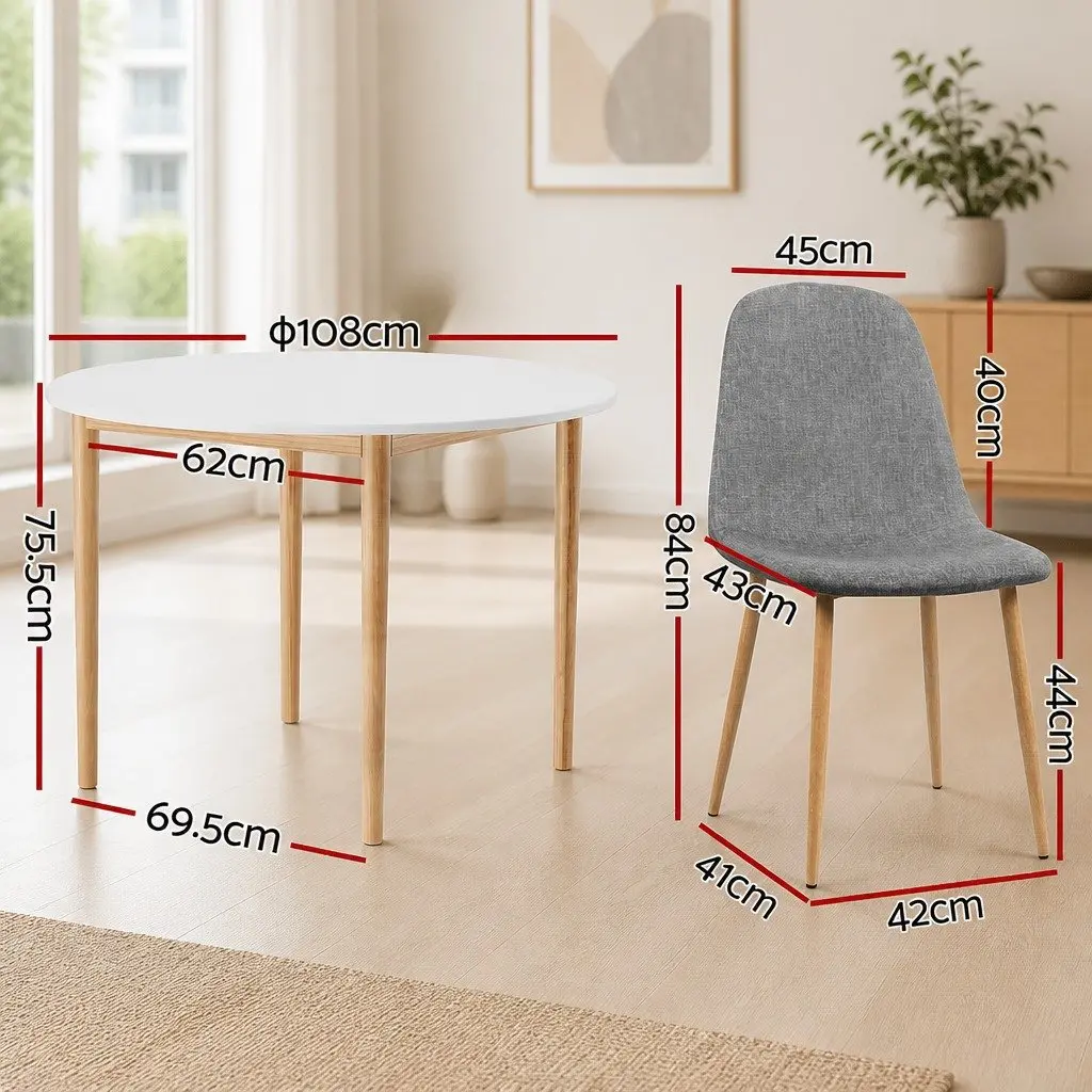 Round Dining Table and 4 Chairs Set White Grey Kitchen Cafe Dining Room 5 Piece