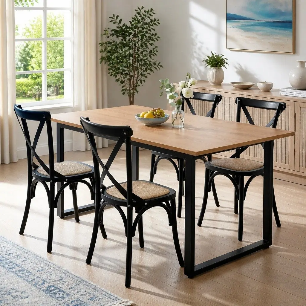 Dining Set Industrial Rattan 5 Piece 4 Seater Pine Wood Grain Black