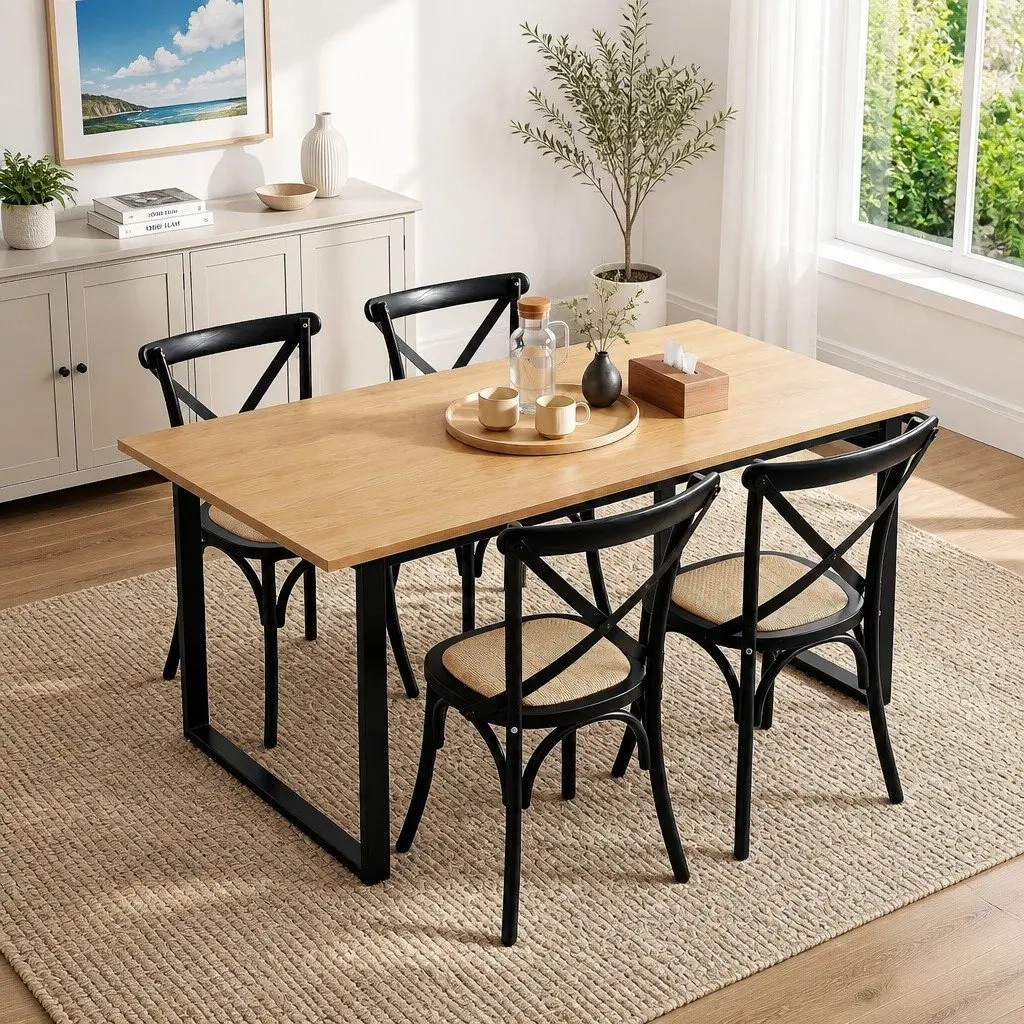 Dining Set Industrial Rattan 5 Piece 4 Seater Pine Wood Grain Black