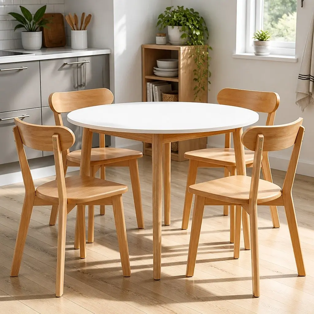 Round Dining Set Compact 5 Piece 108cm White with Natural Wood Legs