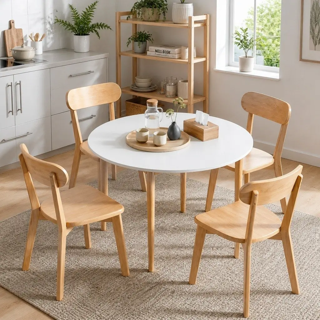 Round Dining Set Compact 5 Piece 108cm White with Natural Wood Legs