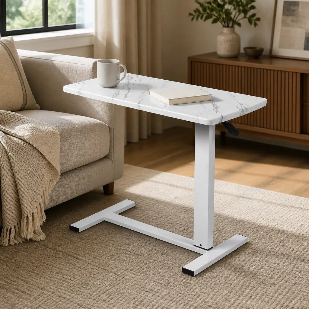 Height Adjustable Side Table with Wheelsfor Home Office65-93cmMarbled White