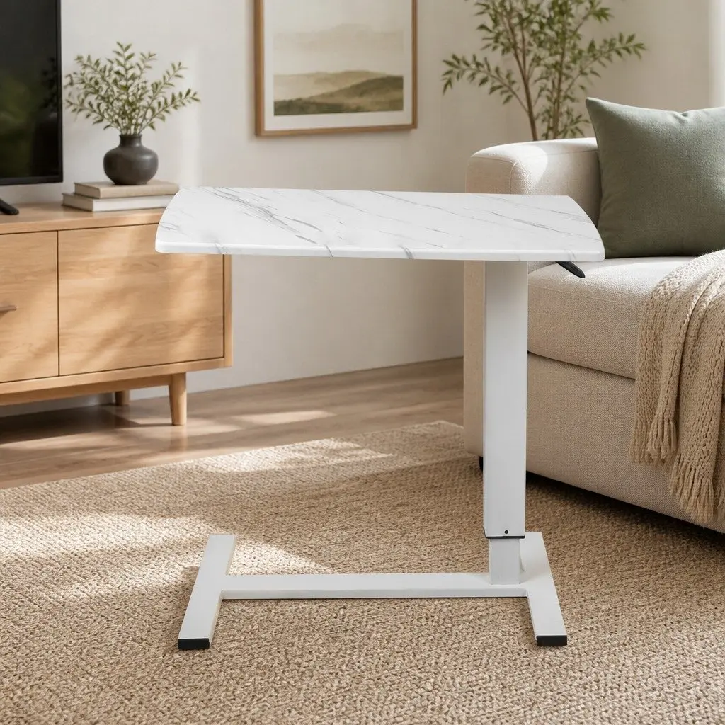 Height Adjustable Side Table with Wheelsfor Home Office65-93cmMarbled White