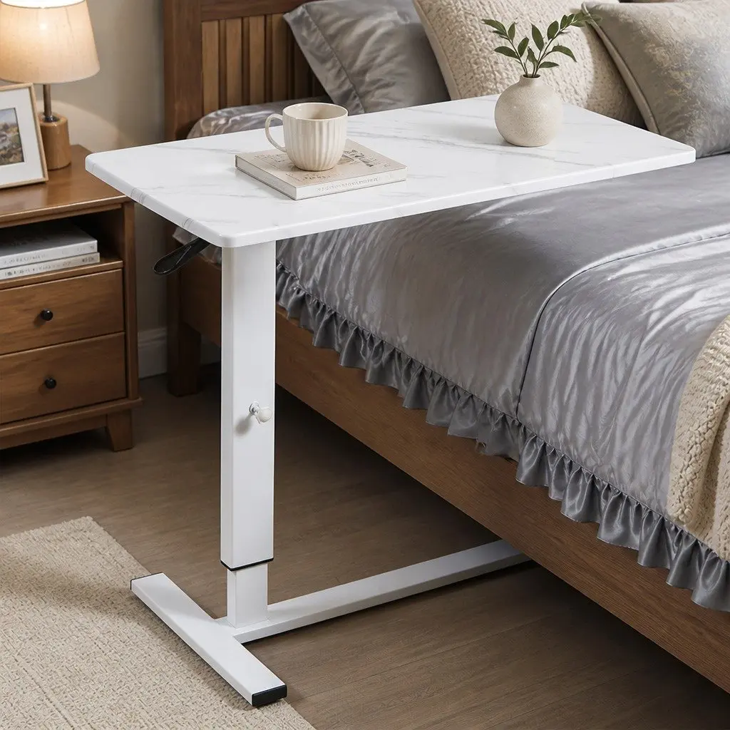 Height Adjustable Side Table with Wheelsfor Home Office65-93cmMarbled White
