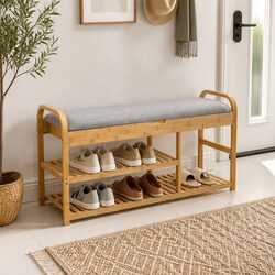 Bamboo Shoe Rack Bench with Storage Compartment 100cm