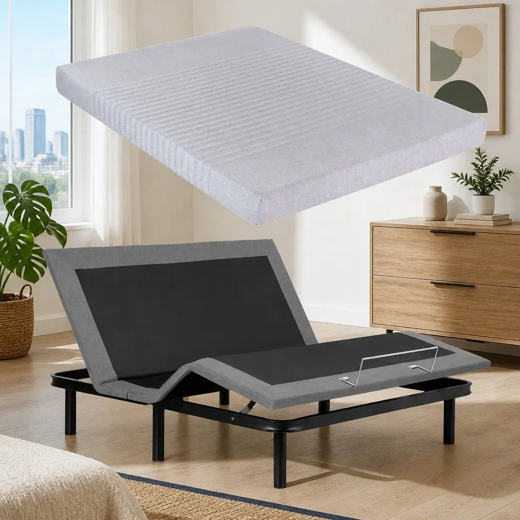 Adjustable Electric Bed Frame with Memory Foam Mattress 15cm Thick King Size Black and Grey