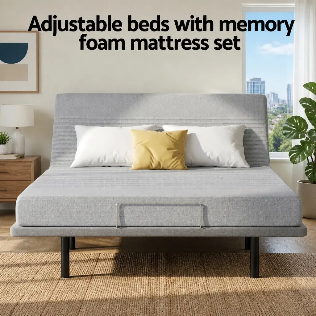 Adjustable Electric Bed Frame with Memory Foam Mattress 15cm Thick King Size Black and Grey