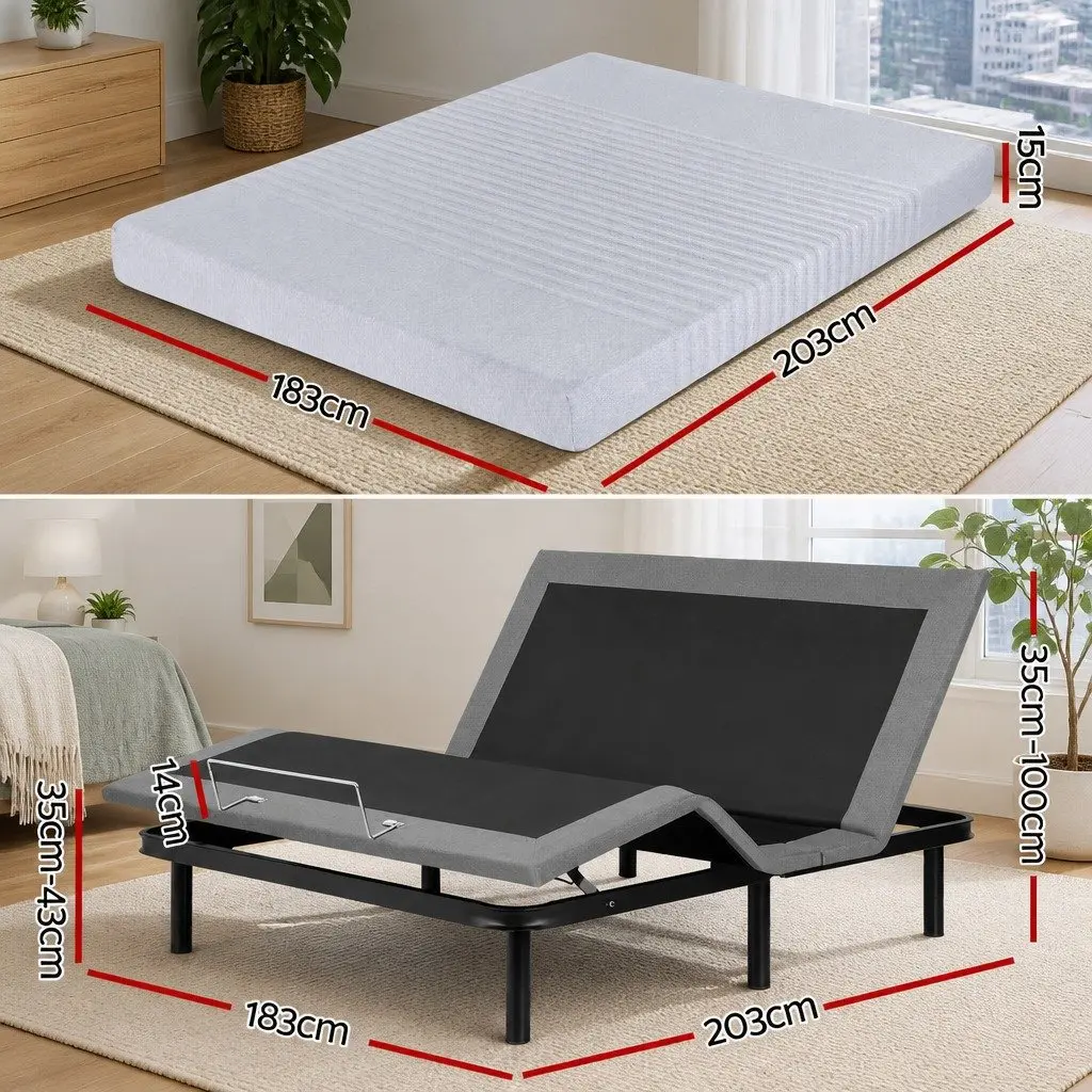 Adjustable Electric Bed Frame with Memory Foam Mattress 15cm Thick King Size Black and Grey