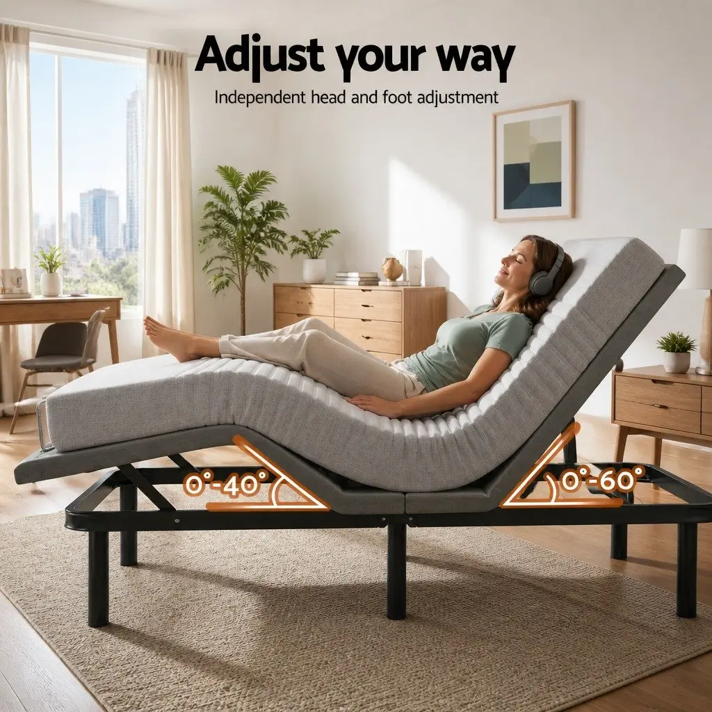 Adjustable Electric Bed Frame with Memory Foam Mattress 15cm Thick King Size Black and Grey
