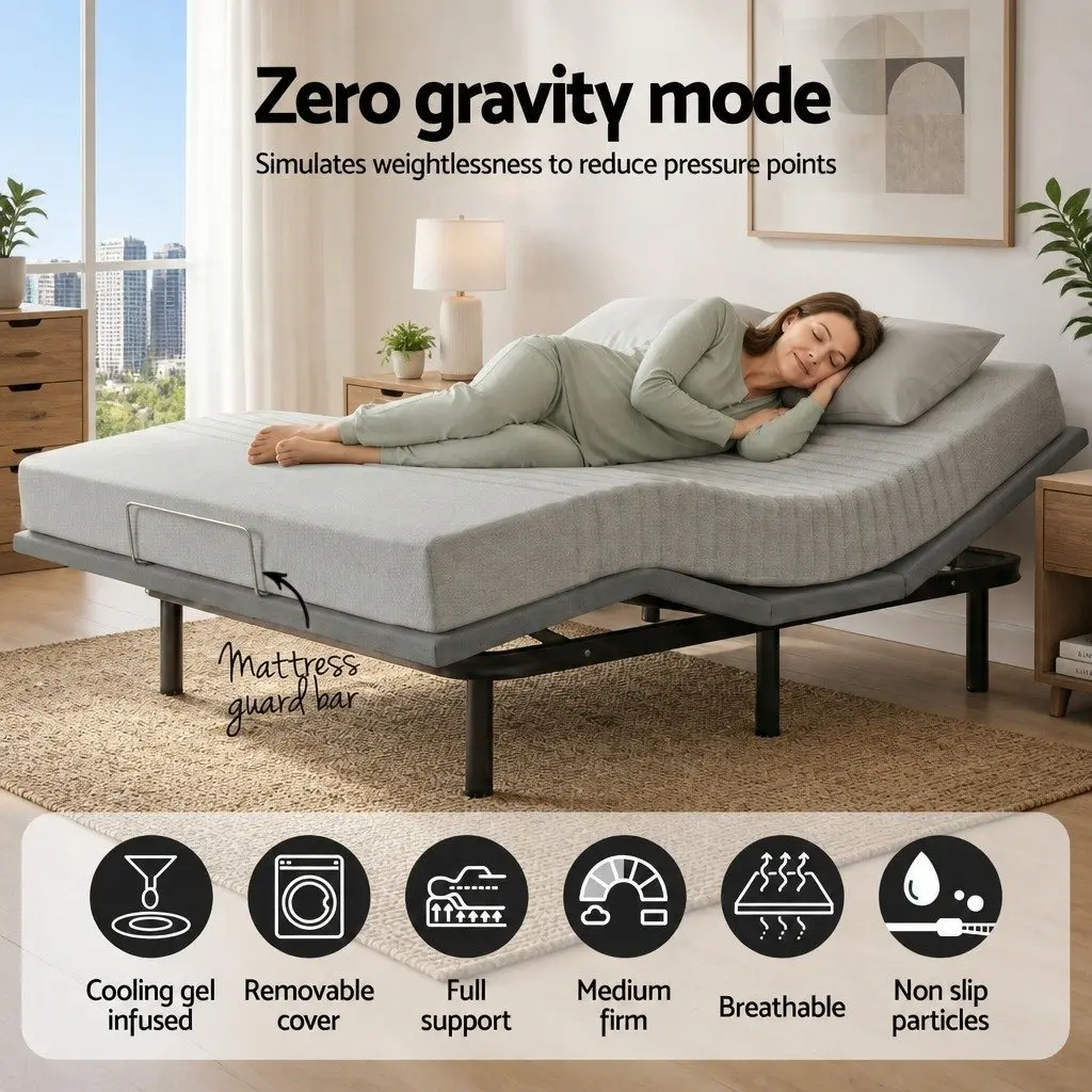 Adjustable Electric Bed Frame with Memory Foam Mattress 15cm Thick King Size Black and Grey