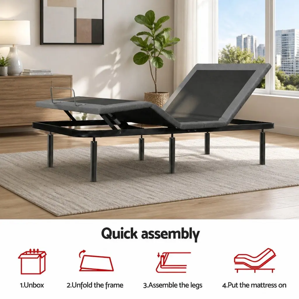 Adjustable Electric Bed Frame with Memory Foam Mattress 15cm Thick King Size Black and Grey