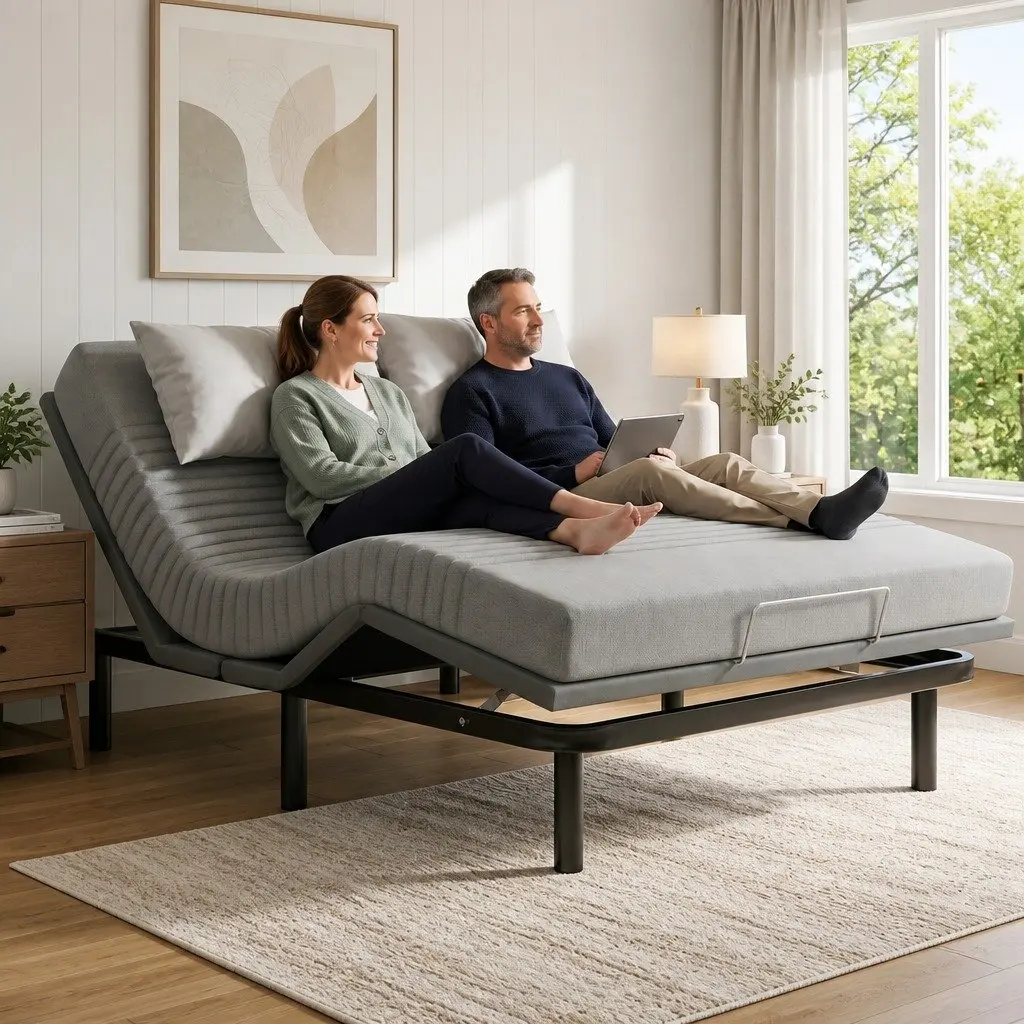Adjustable Electric Bed Frame with 15cm Thick Memory Foam Mattress in Grey and Bamboo Fabric Cover for Custom Comfort