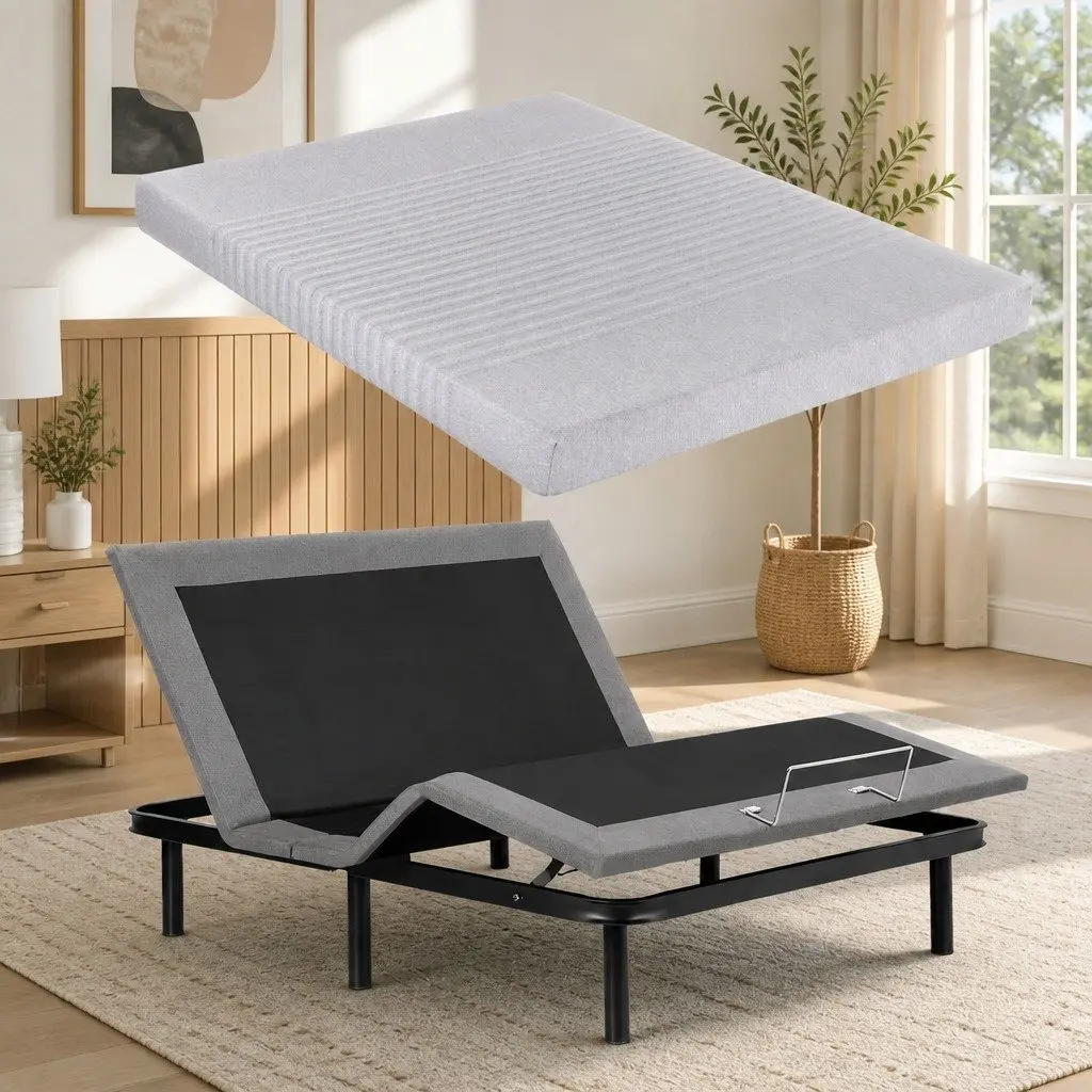 Adjustable Electric Bed Frame with 15cm Thick Memory Foam Mattress in Grey and Bamboo Fabric Cover for Custom Comfort