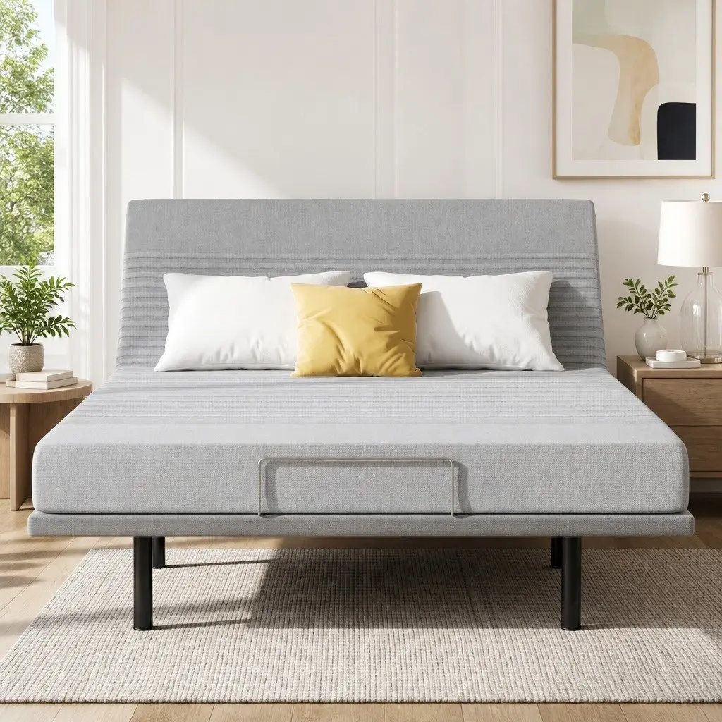 Adjustable Electric Bed Frame with 15cm Thick Memory Foam Mattress in Grey and Bamboo Fabric Cover for Custom Comfort