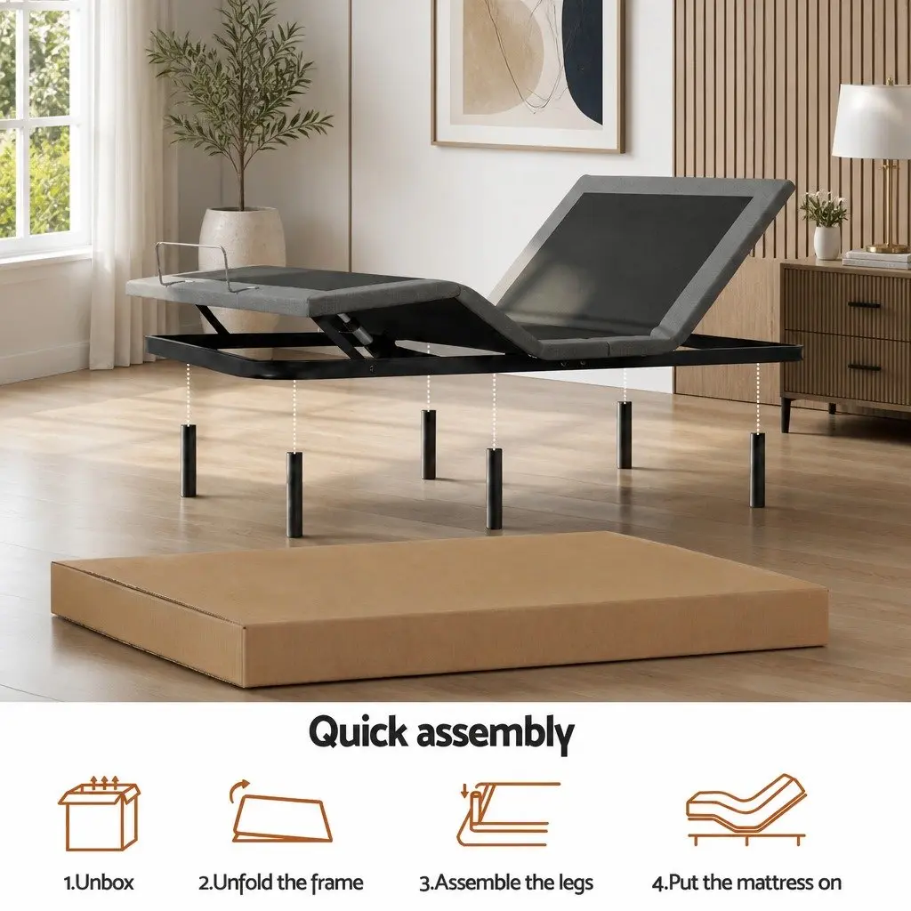 Adjustable Electric Bed Frame with 15cm Thick Memory Foam Mattress in Grey and Bamboo Fabric Cover for Custom Comfort