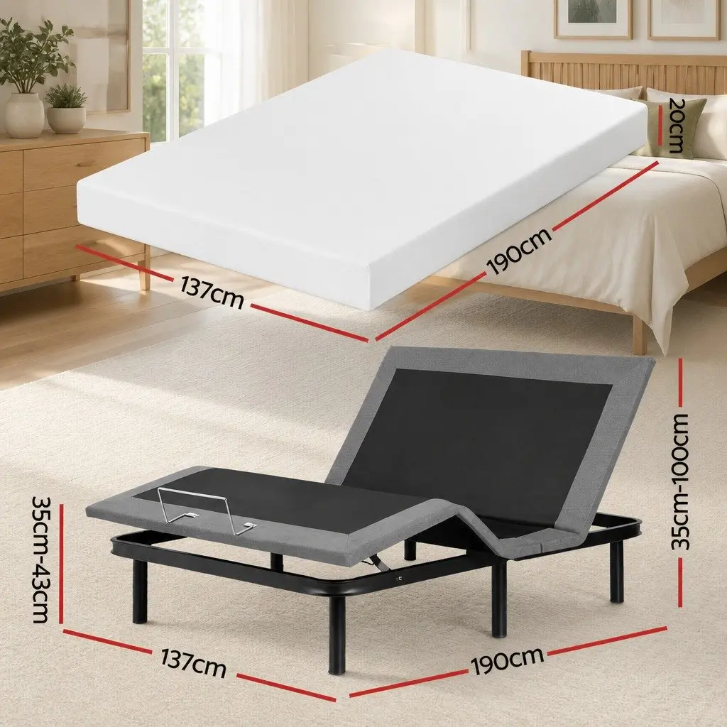 Double Adjustable Bed Frame with Memory Foam Mattress Medium-Firm Support Black Frame White Mattress Cover