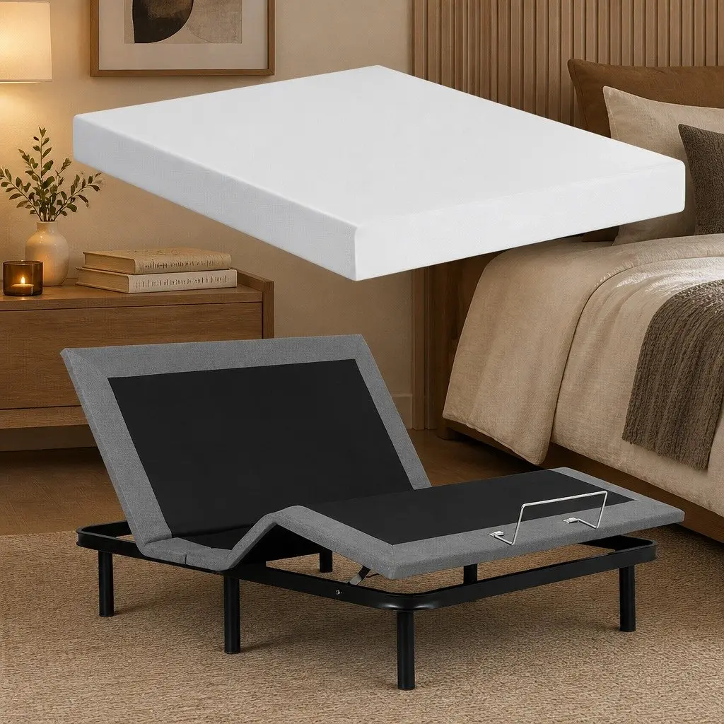 Queen Electric Adjustable Bed Frame with Wireless Remote and Memory Foam Mattress Black and White