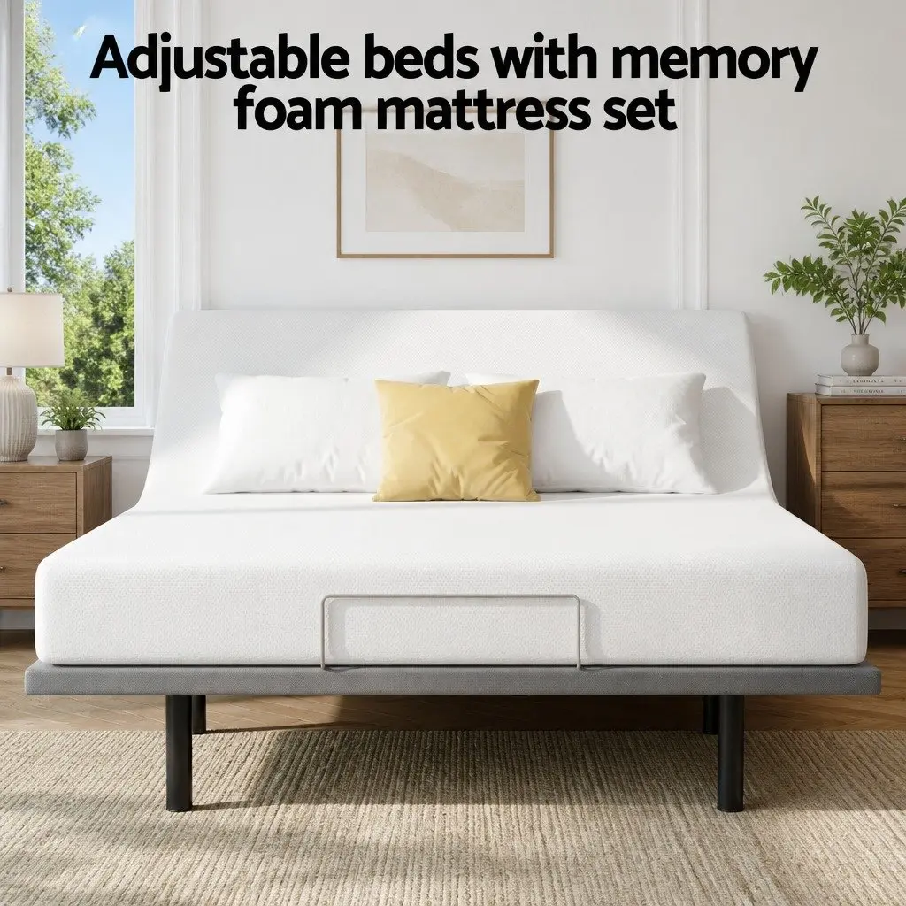 Queen Electric Adjustable Bed Frame with Wireless Remote and Memory Foam Mattress Black and White