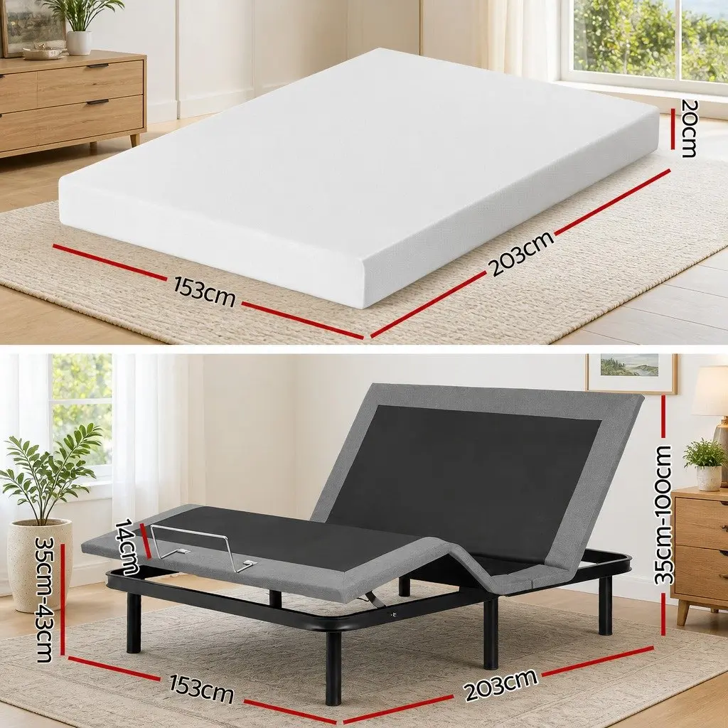 Queen Electric Adjustable Bed Frame with Wireless Remote and Memory Foam Mattress Black and White