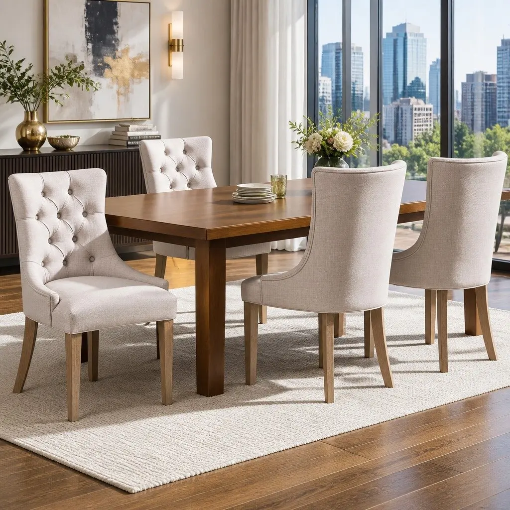 Dining Chairs Set of 4 Linen French Provincial Beige Tufted Button Design