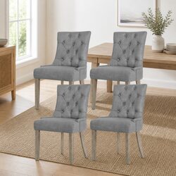 Dining Chairs Set of 4 in Grey Linen with Tufted Design