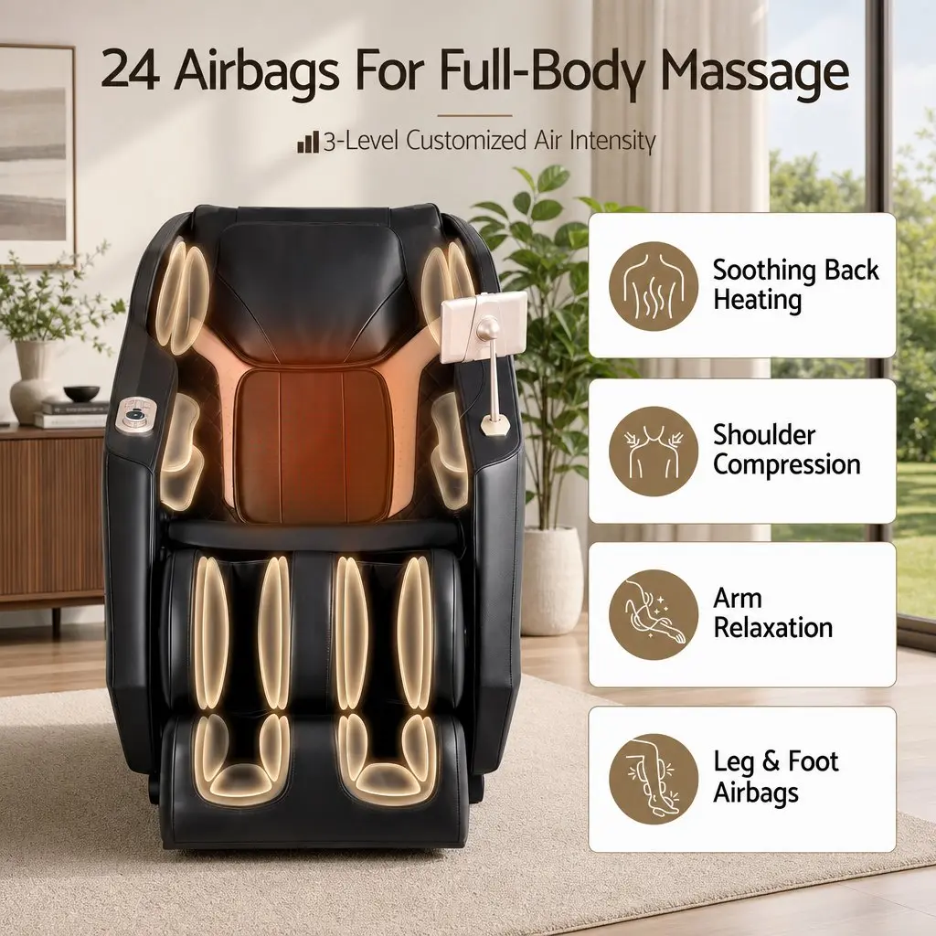Full Body Massage Chair Zero Gravity Recliner with Heat Black PU Leather 24 Airbags