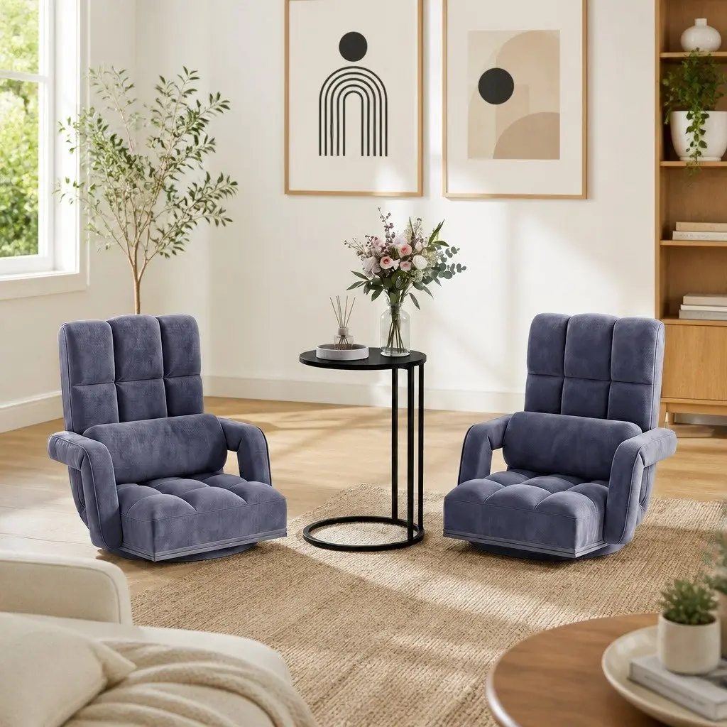Floor Lounge Chair Adjustable Swivel Charcoal with C-Shape Side Table Black