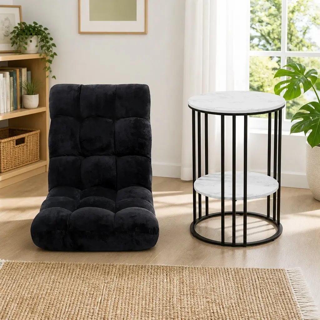 Floor Lounge Chair with Adjustable Positions and 2-Tier Coffee Table Bundle Black and White