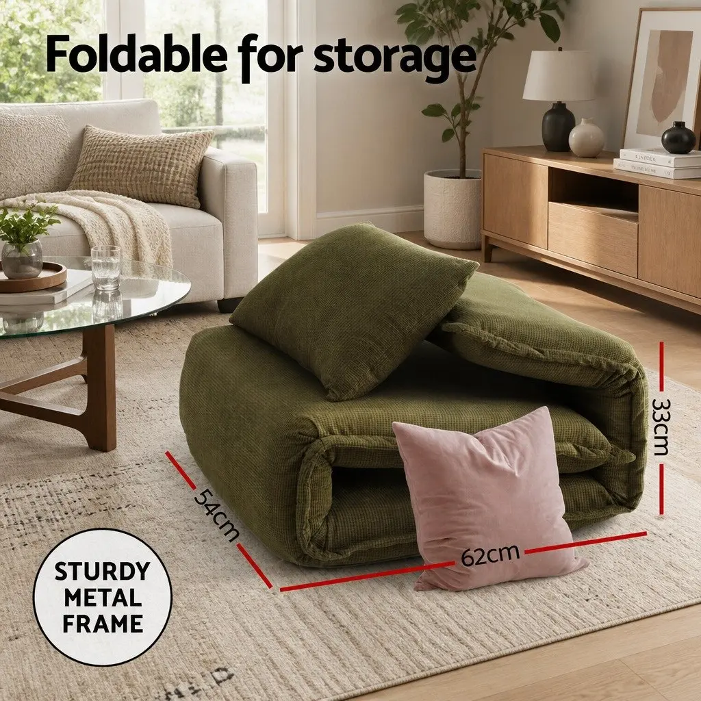 Floor Lounge Sofa Bed Adjustable Foldable Green Corduroy Arm Chair