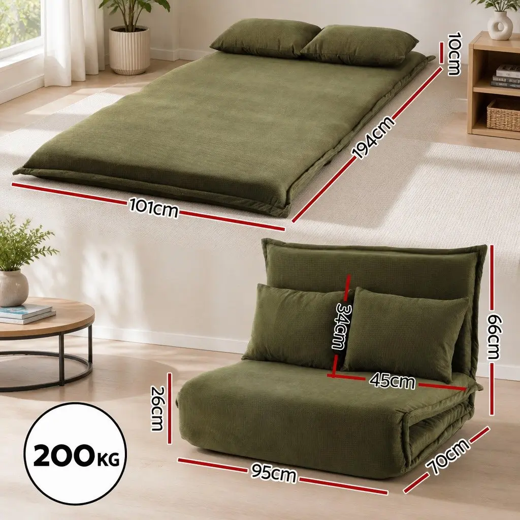 Floor Lounge Sofa Bed Adjustable Foldable 2 Seater Green Corduroy