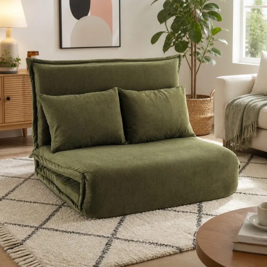 Floor Lounge Sofa Bed Adjustable Foldable 2 Seater Green Corduroy