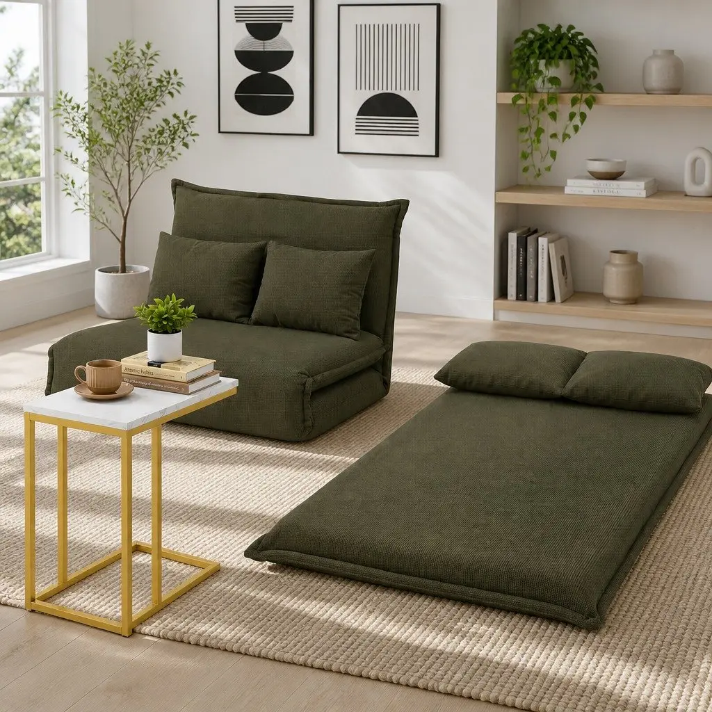 Floor Lounge Sofa Bed with Adjustable Backrest Green Corduroy and C-shaped Marble Effect Side Table