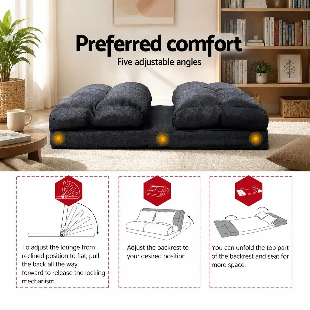 Foldable Couch Charcoal Adjustable 5-Position 2-Seater Floor Lounge Sofa