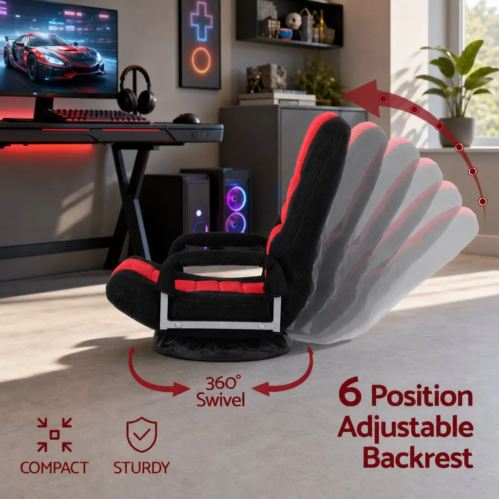 Gaming Chair 360 Swivel Adjustable Backrest Foldable Compact Black and Red