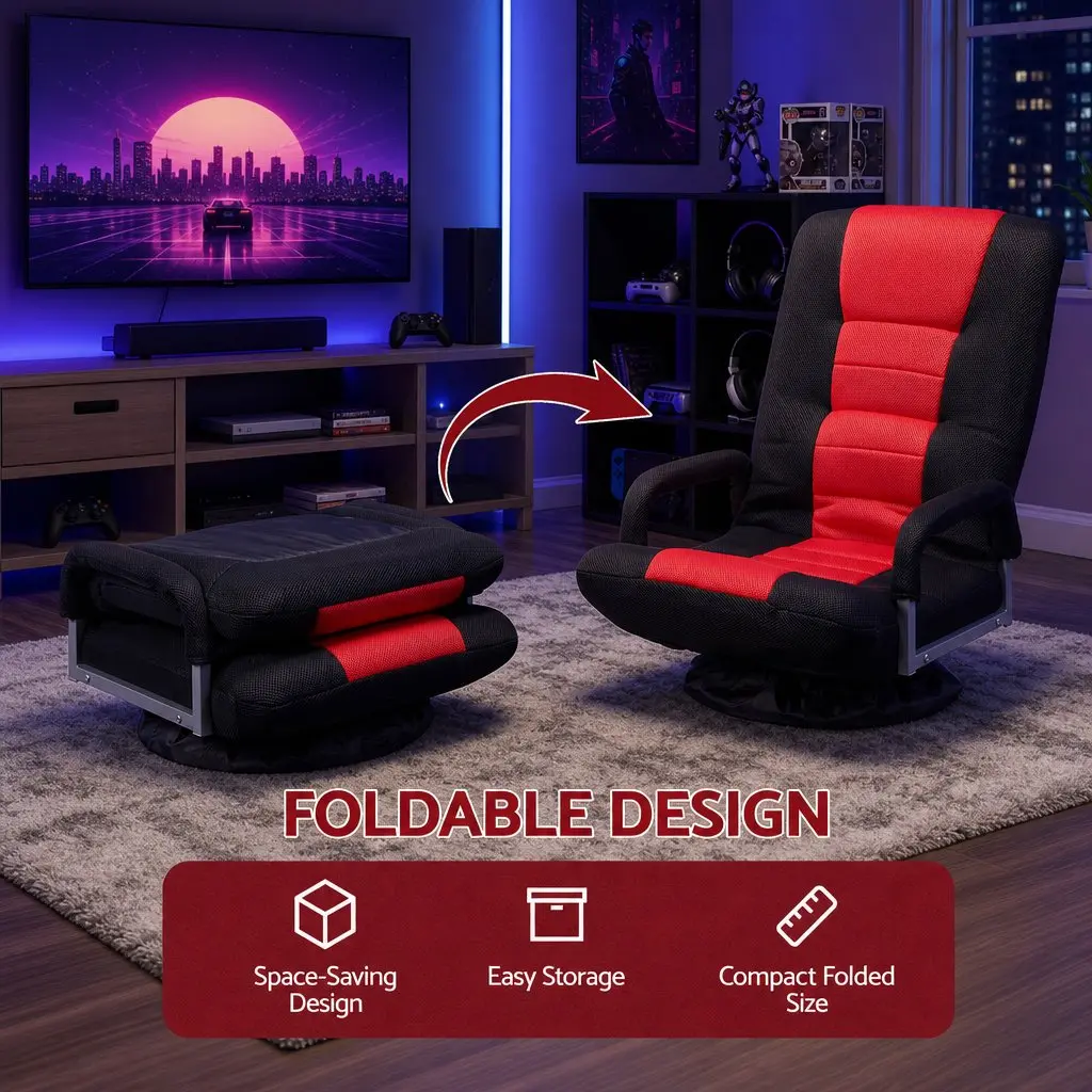 Gaming Chair 360 Swivel Adjustable Backrest Foldable Compact Black and Red