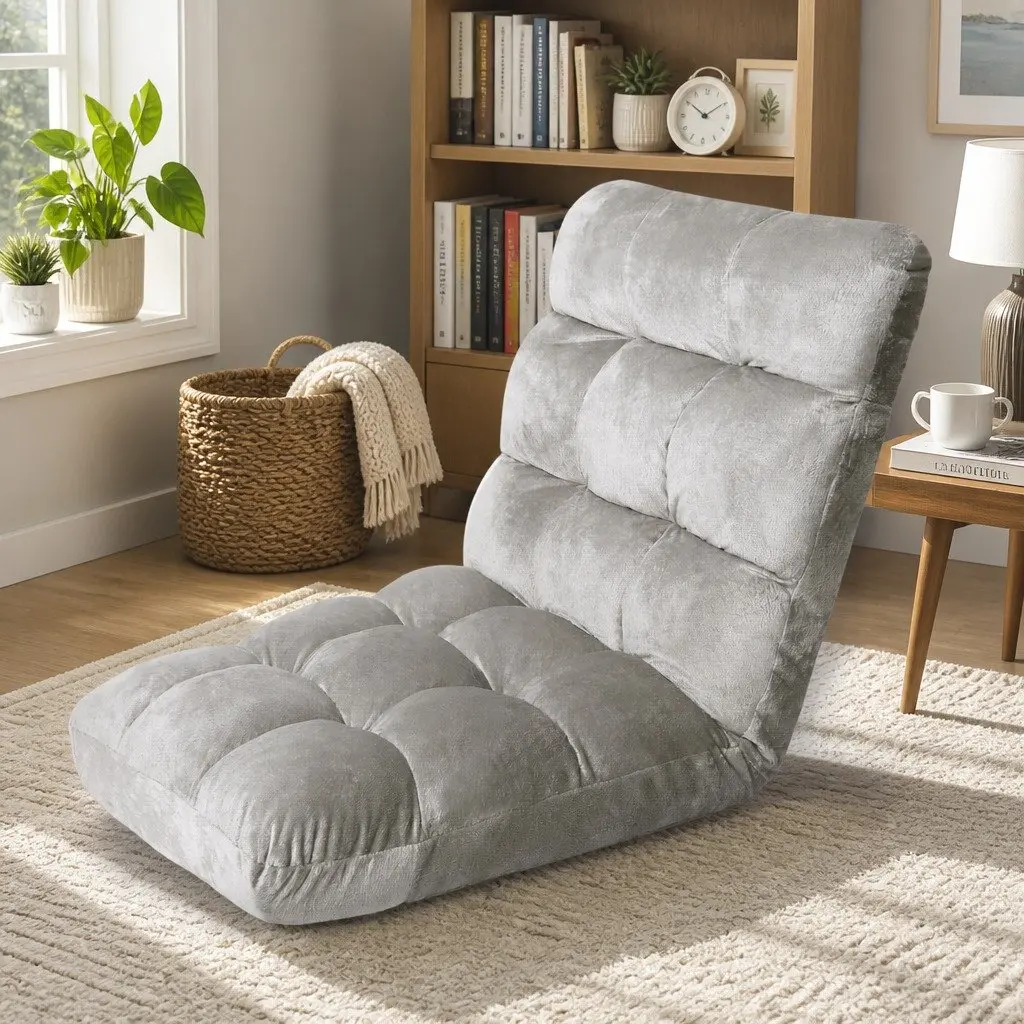Lounge Sofa Chair Adjustable Comfort Grey Flannel Fabric Foldable