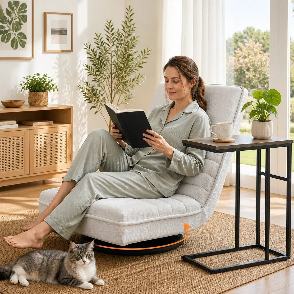 Swivel Floor Lounge Chair Foldable White with C-Shaped Side Table Two Piece Set