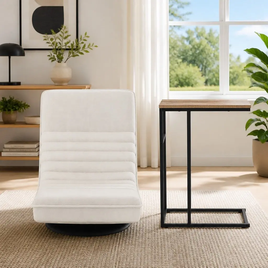 Swivel Floor Lounge Chair Foldable White with C-Shaped Side Table Two Piece Set