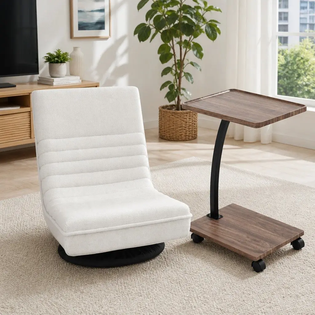 Swivel Floor Lounge Chair Foldable with C Shaped Mobile Side Table White and Walnut or Black
